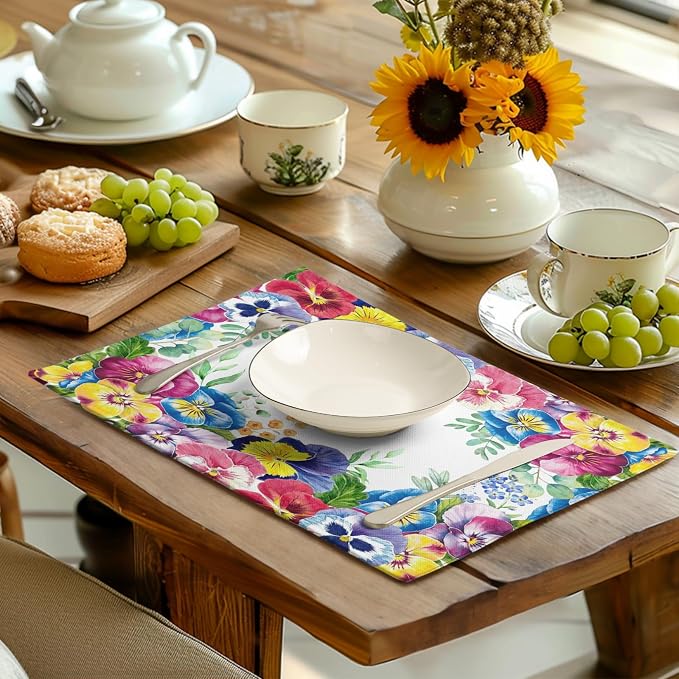 Watercolor Flowers Placemats Set of 4 Spring Summer Floral Butterfly Linen - Image 6