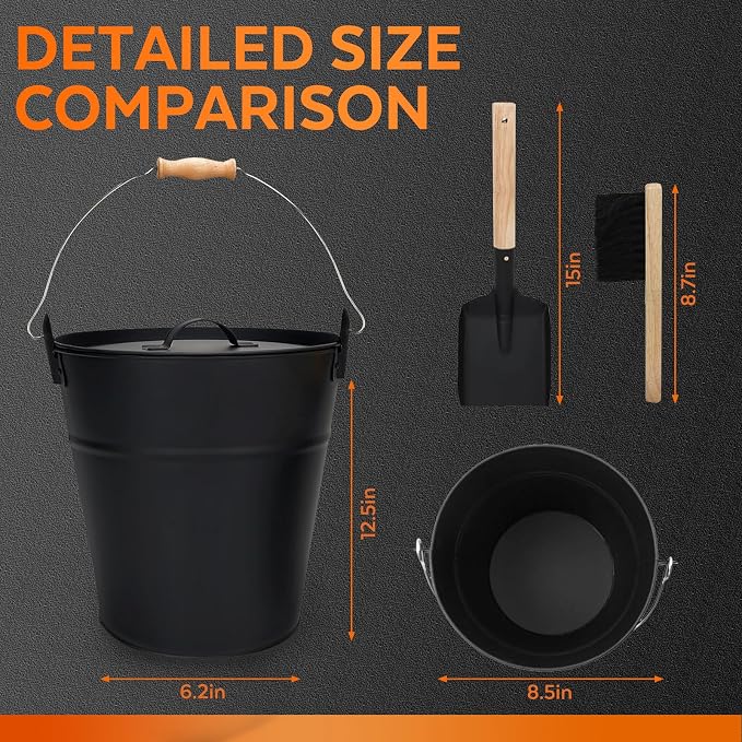 3.5 Gallon Ash Bucket with Lid and Shovel, Metal Fireplace Ash Bucket with Broom - Image 2