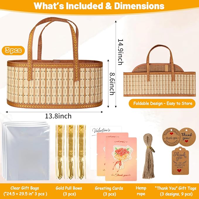 Leevcok 3 Set Baskets for Gifts Empty, Large Bamboo Gift Basket - Image 2