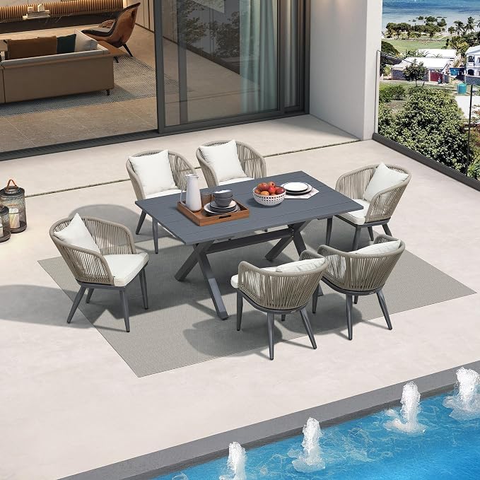 PURPLE LEAF 7 Pieces Patio Dining Set Wicker Outdoor Furniture Rectangular - Image 2