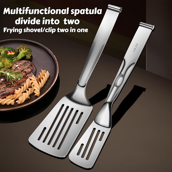 Tongs, 12.8 Inch 304 Stainless Steel, Silver, Detachable Spatula