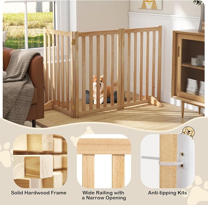 30" Height Tall Freestanding Pet Gate, Solid Wood Folding Safety Fence Wooden - Image 4