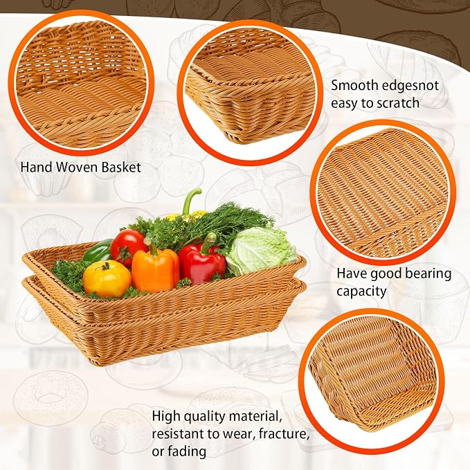 Tioncy 10 Pcs Poly Wicker Woven Bread Basket Imitation Rattan Fruit Basket Tray - Image 3