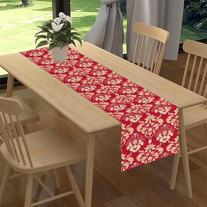 Damask Table Runner, Rustic Gothic Red Baroque Style Floral Boho Flower Antique - Image 2