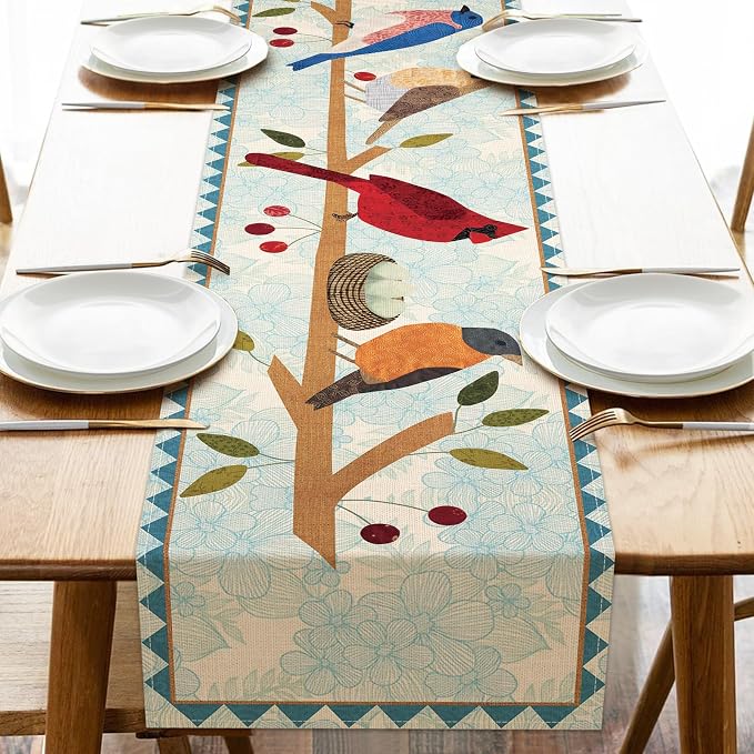 Seliem Spring Summer Birds Blue Table Runner, Cardinal Chickadee Bluebird by Seliem