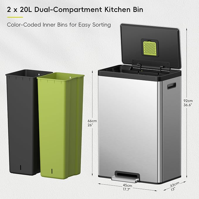 EKO EcoCasa II Rectangular Kitchen Step Trash Can, 20L+20L Dual Compartment - Image 2