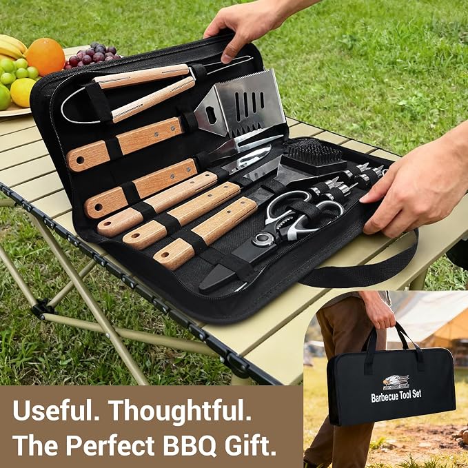 18pcs Wooden Grill Tool Set, BBQ Accessories Heavy Duty Stainless Steel Grill - Image 9