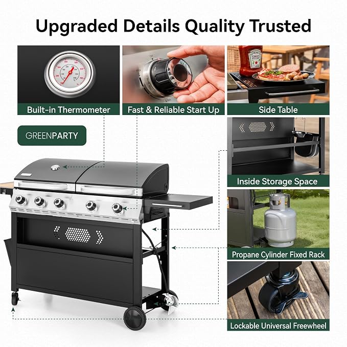 5 Burner Griddle Grill Combo, 2 in 1 Propane Gas BBQ Grill - Image 9
