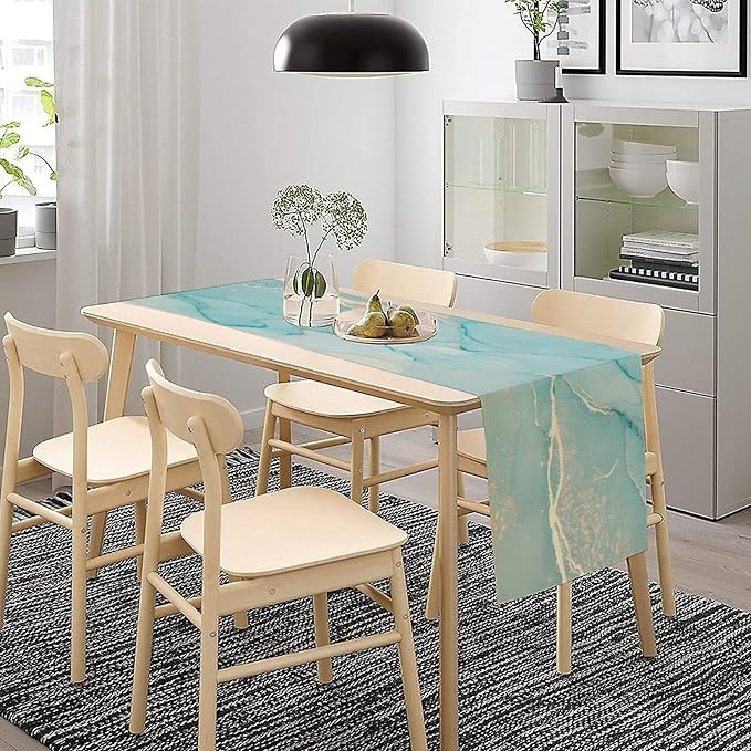 Turquoise Aqua Marble Table Runner, Modern Teal Watercolor Print Table Runner - Image 2