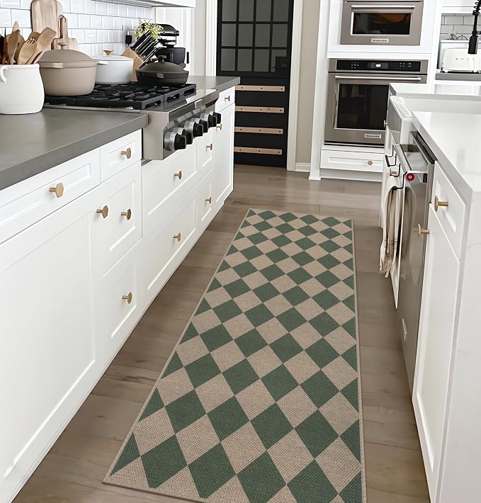 Easy Jute Checkered Runner Rug, 2x6 Green Modern Washable Rugs Runner by Rugalia