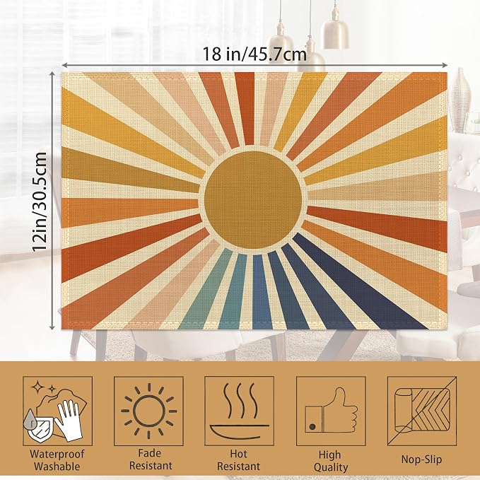Placemats Set of 6, Vintage Boho Sun Table Mats, Sunrise Sunshine Washable - Image 6