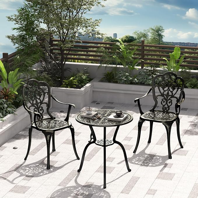 Patio Bistro Set of 2, Cast Aluminum, Outdoor Set w/Umbrella Hole, 3 Piece - Image 6