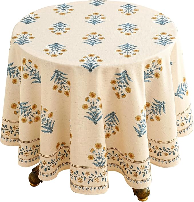 ISAENNE Designer French Pale Yellow Round Tablecloth, Linen Floral Table Cloth by Isaennehomedecoration