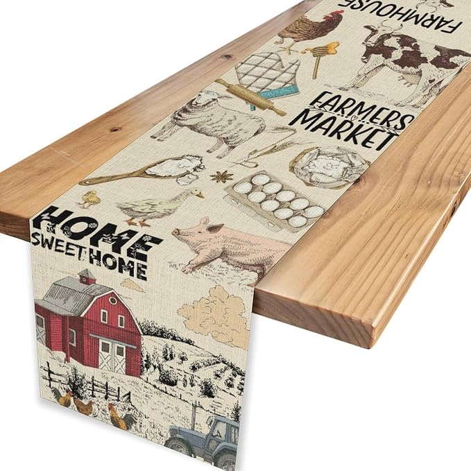 Farmhouse Rooster Table Runner, Rustic Cow Chicken Pig House Animals Coffee - Image 4