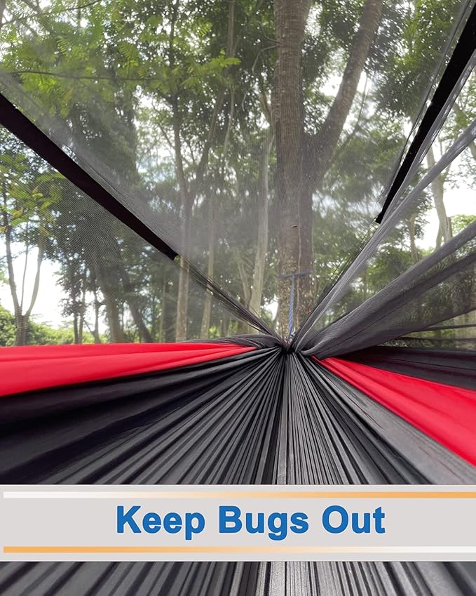 Hammock with Rain Fly and Insect Net, 118 x 78 in, Red/Black