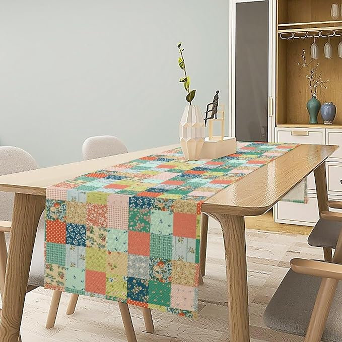 Boho Floral Patchwork Table Runner, Colorful Flower Print Rustic Farmhouse - Image 3