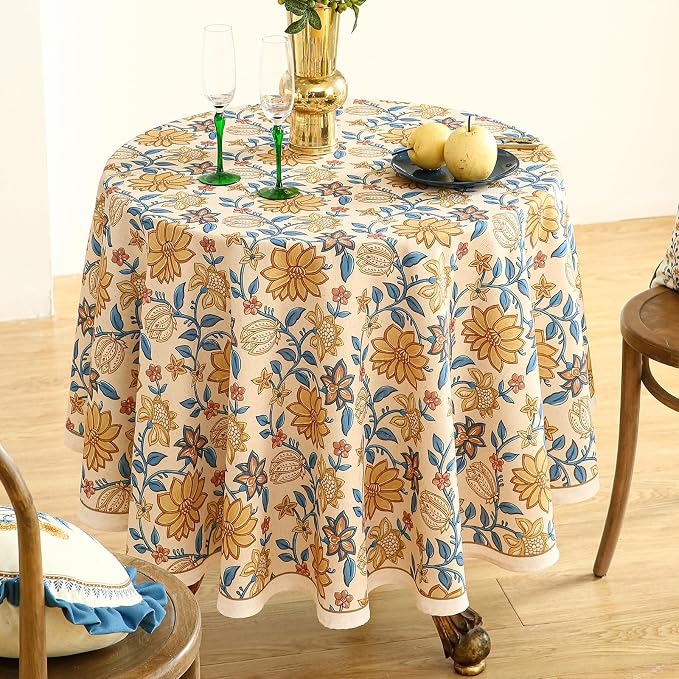ISAENNE Designer Bohemian Floral Round Tablecloth, Linen Colorful Table Cloth - Image 3