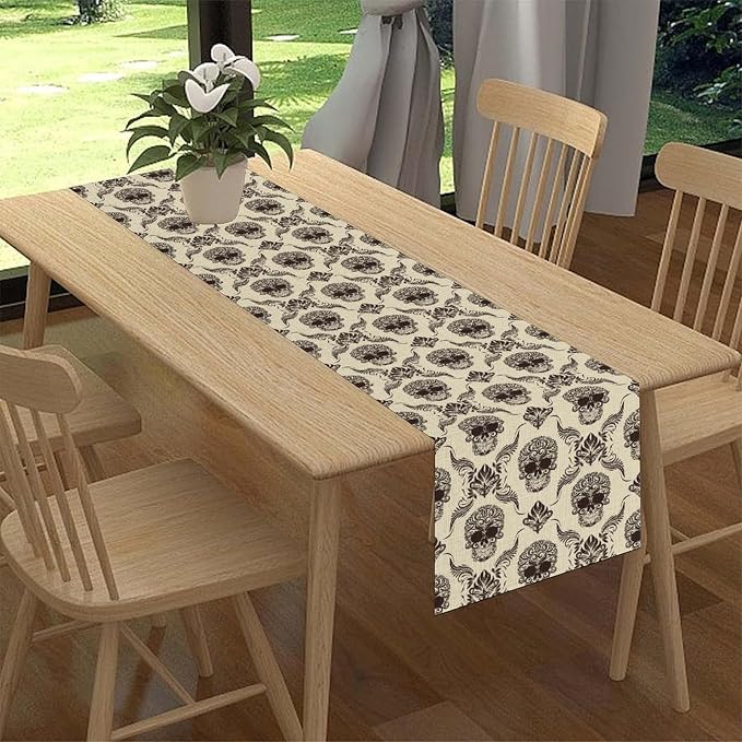 Gothic Table Runner, Retro Antique Damask Skull Pattern Classic Halloween Boho - Image 2