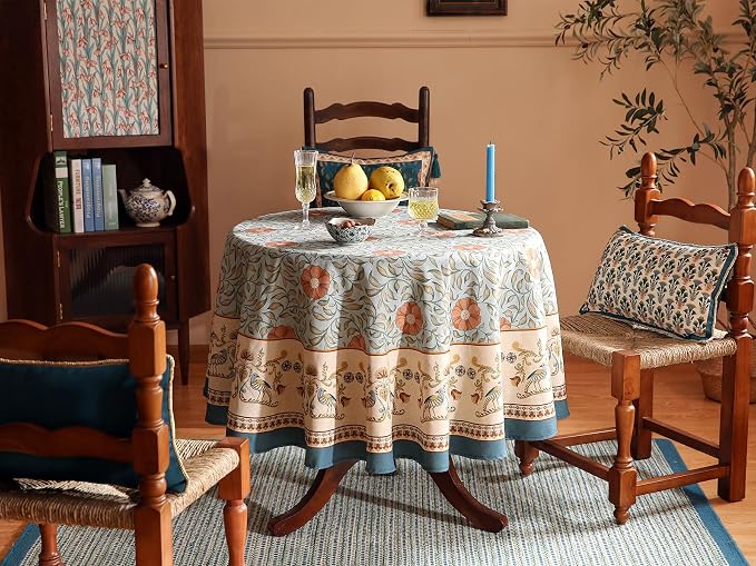 patdrea Designer French Linen Blue Round Table Cloth, Vintage Floral Tablecloth - Image 3