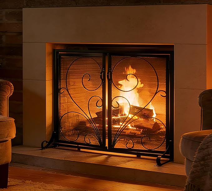 Flat Fireplace Screen with Doors, Solid Wrought Iron Frame with Metal Mesh - Image 2