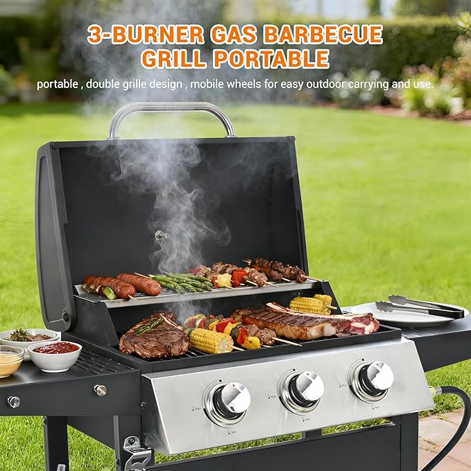 Stainless Steel 3-Burner Gas Grill, 25650 BTU Outdoor BBQ Grill - Image 3