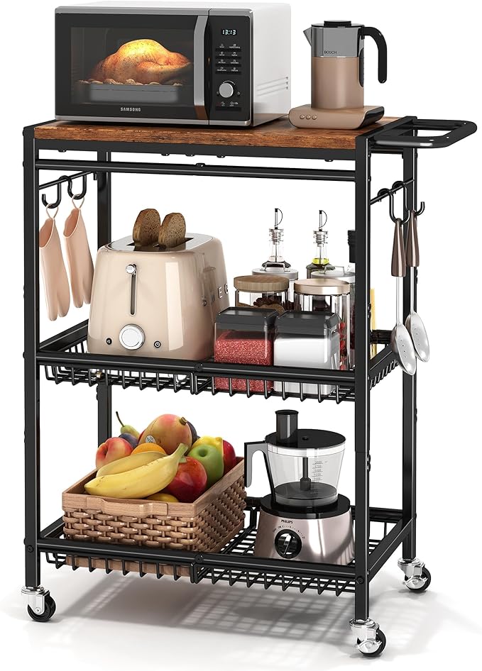Microwave Kitchen Cart with Push Handle, 3 Tier Rolling Cart with 2 Lockable by Unknown