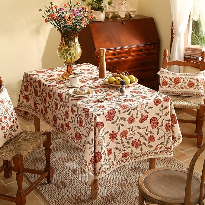 ISAENNE Designer French Long Rectangular Tablecloth, Linen Orange Floral - Image 9