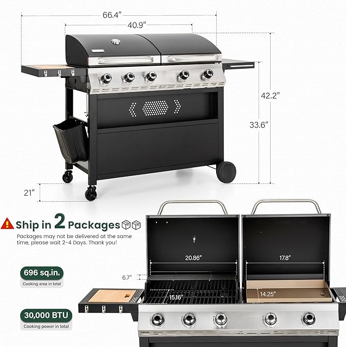 5 Burner Griddle Grill Combo, 2 in 1 Propane Gas BBQ Grill - Image 2