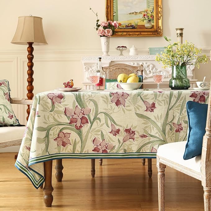 patdrea Designer Linen Green Rectangle Tablecloth, Framhouse Violets Pattern - Image 2