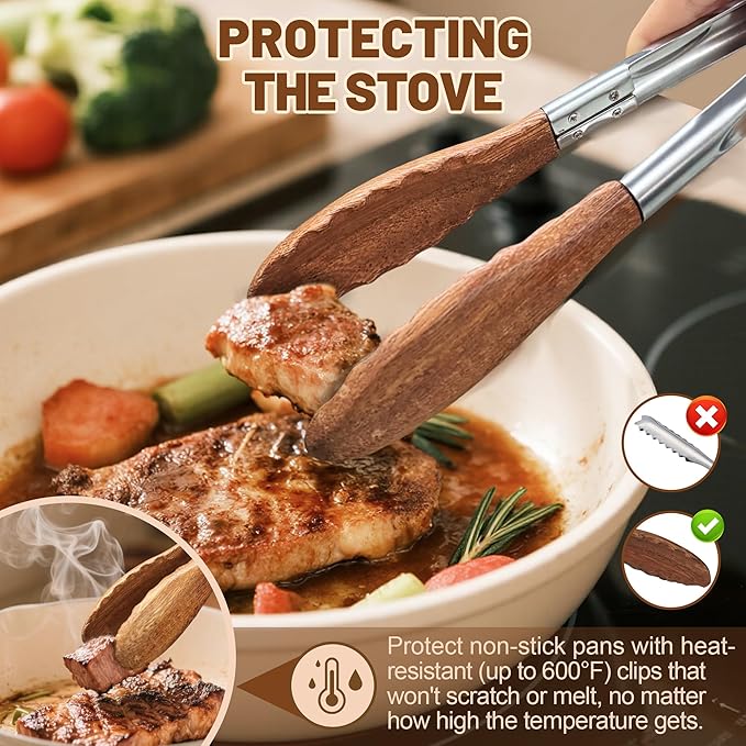 Tongs, 9 Inch Walnut Wood, Locking Design for Cooking