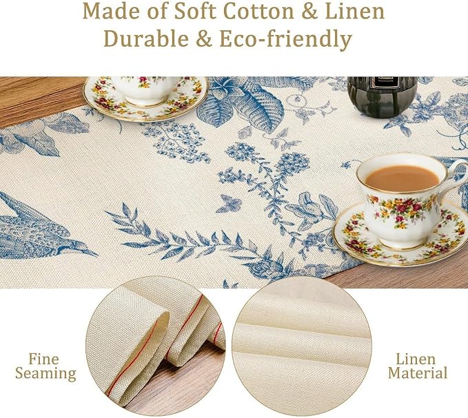 Spring Flower Table Runner, Farmhouse Vintage Blue White Floral Bird Print - Image 6