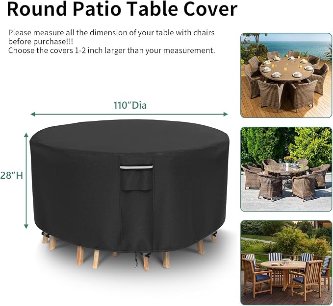 Round Patio Furniture Covers, 500D Heavy Duty Waterproof UV Resistant Cover - Image 2