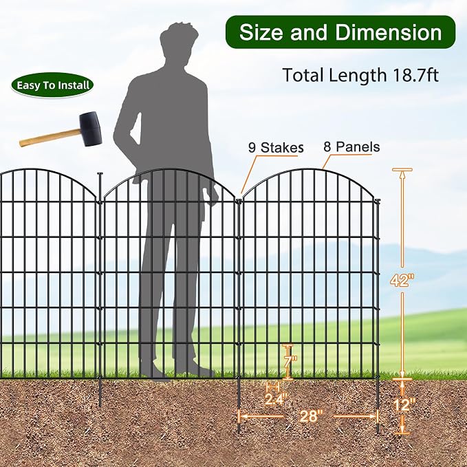 Metal Garden Fence 42in x 18.7ft, 8 Panels + 9 Stakes Dog Fence Border Fence - Image 3