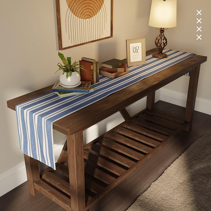 Encasa XO Cotton Dining Table Runner | Franca Blue Stripes | Size 13x59 in - Image 2