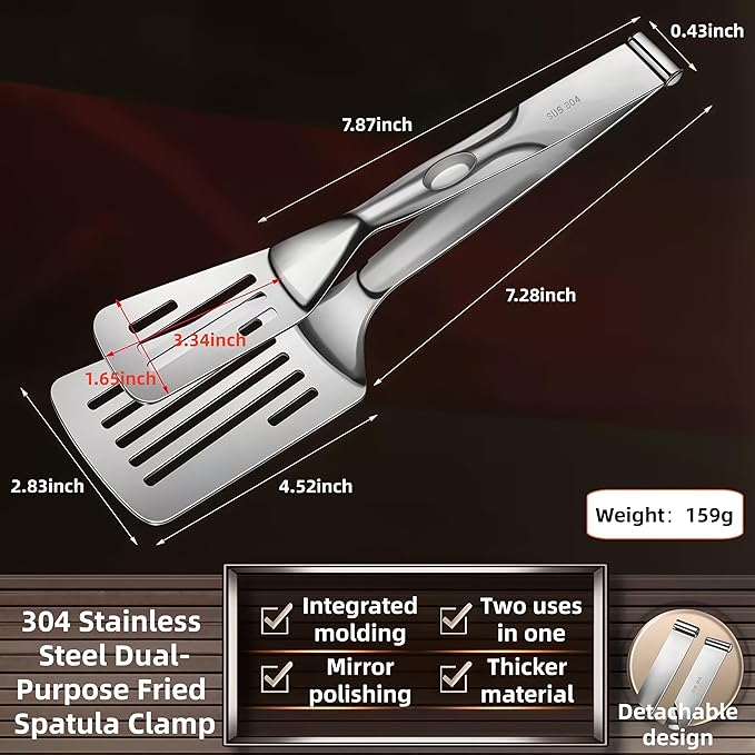 Tongs, 12.8 Inch 304 Stainless Steel, Silver, Detachable Spatula