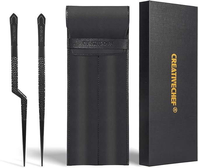 Tongs Set, 2-Piece Black Stainless Steel Tweezers and Grill Tongs, 10 Inch