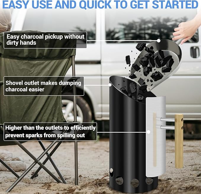 Charcoal Chimney Starter with 11" Briquet Shovel Set, Double Enameled Large - Image 5