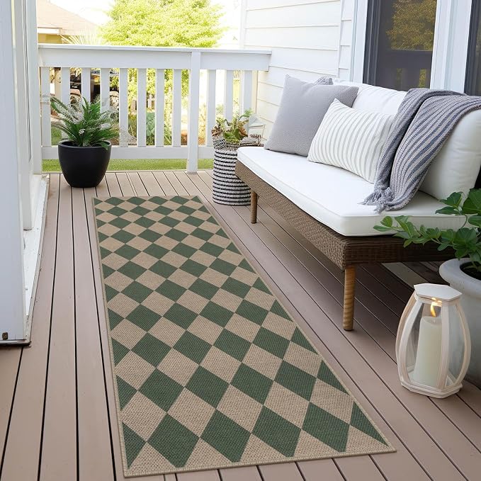 Easy Jute Checkered Runner Rug, 2x6 Green Modern Washable Rugs Runner - Image 6