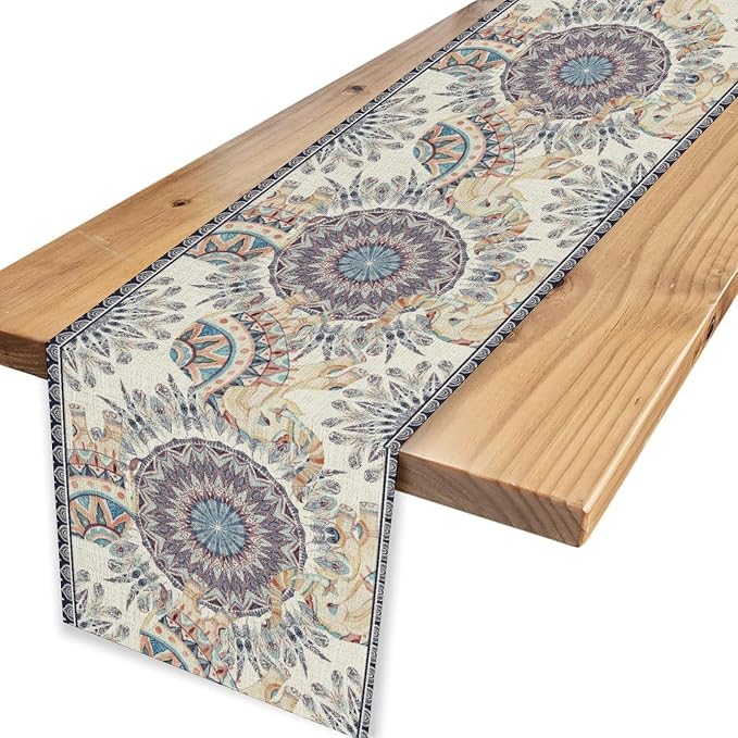 Boho Table Runner, Rustic Blue African Tribe Elephant Indian Diwali Damask - Image 4