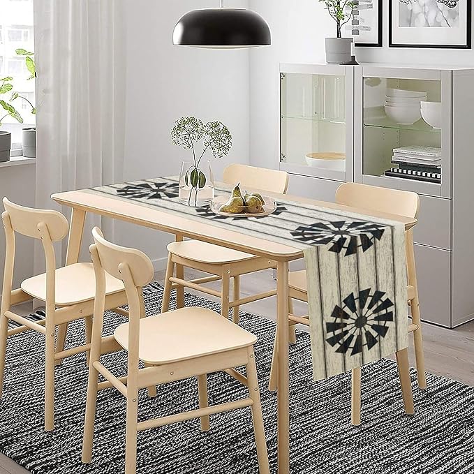 Retro Windmill Table Runner, Rustic Farmhouse Wood Grain Country Style Print - Image 3