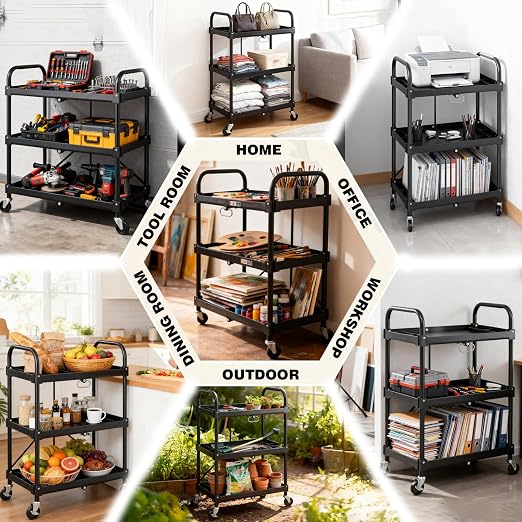 DUMOS 3-Tier Folding Utility Cart, Collapsible Service Cart - Image 7