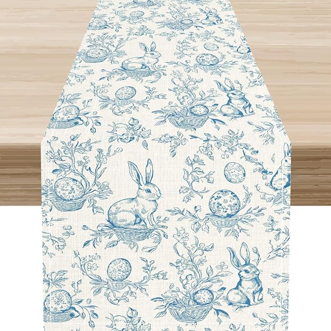 Easter Table Runner, Vintage Blue Beige Bunny Rabbit Easter Eggs Floral Spring by Unknown