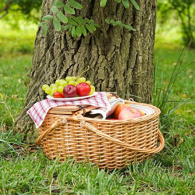 Wicker Picnic Basket with Cooler, Wooden Split Lid Picnic Basket, Vintage-Style - Image 8