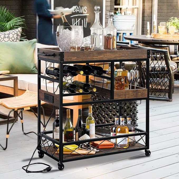 Bar Cart with Power Outlet, Industrial Kitchen Serving Cart with Wine Rack & - Image 2