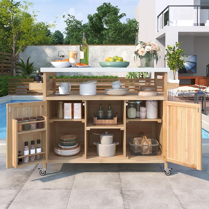 Grill Table, Rolling Bar Cart, Storage Cabinet, Artificial Board, - Image 5