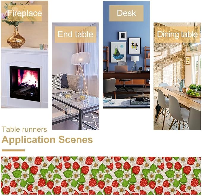 Spring Strawberry Table Runner, Floral Strawberries Flowers Leaf Season - Image 5