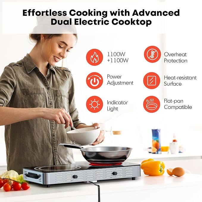 Electric Cooktop, Dual 2200 Watts Infrared Burner, 2 Burner Electric Hot Plate - Image 5