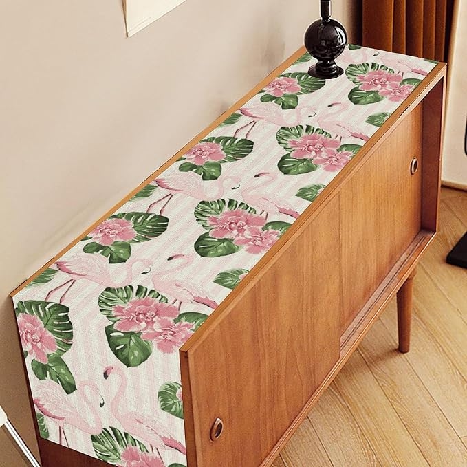 Tropical Table Runner, Retro Flamingo Hawaii Summer Palm Leaves Flower Stripes - Image 2