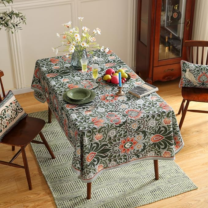ISAENNE Designer Bohemian Linen Green Small Square Tablecloth, Floral Indoor - Image 8