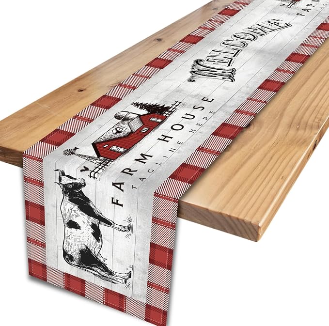 Farmhouse Cow Table Runner, Rustic Red Plaid Animals Buffalo Coffee Table by Unknown